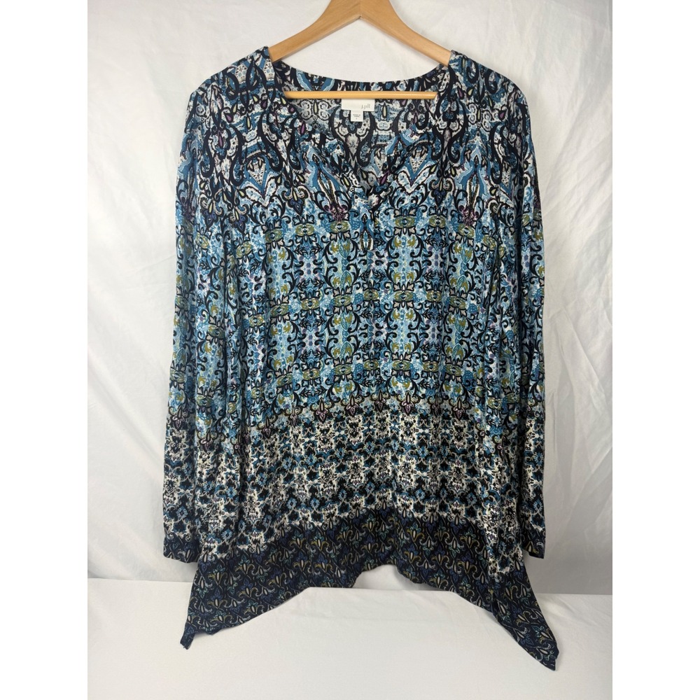 J. Jill Large Blue Paisley Handkerchief Hem 100% Rayon Tunic Top